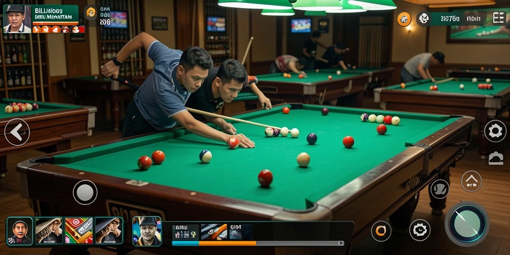 Tampilan antarmuka game Billiard yang interaktif dan menarik.