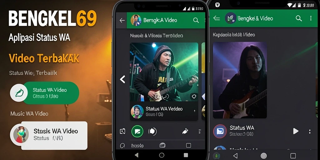 Tampilan antarmuka aplikasi BENGKEL69 dengan fitur Status WA Video.