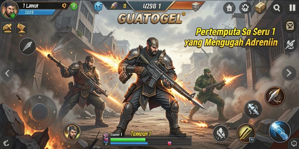 Tampilan antarmuka GUATOGEL dengan karakter dan arena tempur.